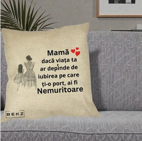 Cadou pentru Mama - Perna Personalizata Mama Nemuritoare Line Art, 40x40 cm, Crem, Husa Detasabila, Perna Inclusa, BEKZ®