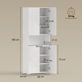 HOMCOM Bufet înalt pentru bucătărie, dulap de bucătărie, 4 uși cu închidere lină și rafturi reglabile, 68x34x180cm, alb lucios | Aosom Romania