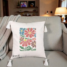 Perna Decorativa Flori Grafice Colorate Retro, 40x40 cm, Bej cu Franjuri, Husa Detasabila, Perna Inclusa, BEKZ®