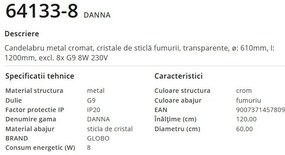 Candelabru elegant design modern Danna cromat/ fumuriu