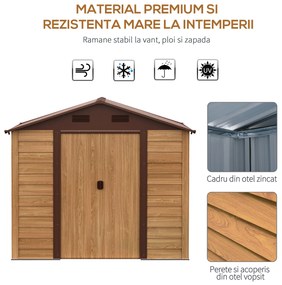 Outsunny Magazie de gradina cu usi glisante, magazie pentru scule cu structura din otel si baza si pereti cu efect de lemn, 152x235,7x208,7cm