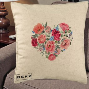 Perna Decorativa Inima din Bujori Acuarela, 40x40 cm, Bej, Husa Detasabila, Perna Inclusa, BEKZ®