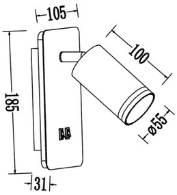 Aplica spot LED de perete PIPE, 1x GU10 (10W/230V) + LED integrat 6W, negru