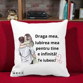 Cadou pentru Iubita - Perna Personalizata Draga Mea Iubirea Mea Infinita Te Iubesc cu Cuplu Acuarela, 40x40 cm, Alba Mata, Husa Detasabila, Perna Inclusa, BEKZ®