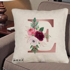 Cadou Personalizat - Perna Personalizata Monograma Rose Gold Litera E, 40x40 cm, Bej Canapea, Husa Detasabila, Perna Inclusa, BEKZ®