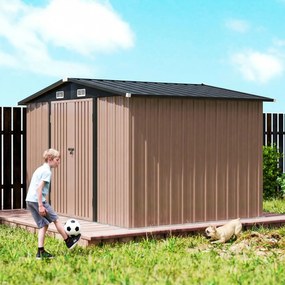 Outsunny Magazie Metalică 305 x 245 cm, Căsuță de Grădină Rezistentă cu 4 Guri de Aerisire și Uși Duble cu Încuietoare, Maro | Aosom Romania