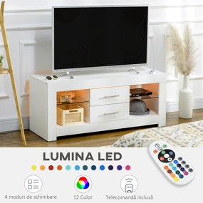HOMCOM Comodă TV Modernă 55" cu LED RGB (12 Culori), Telecomandă Inclusă, Lemn cu Etajere din Sticlă, Dimensiune 120x40x50cm, Alb | Aosom Romania