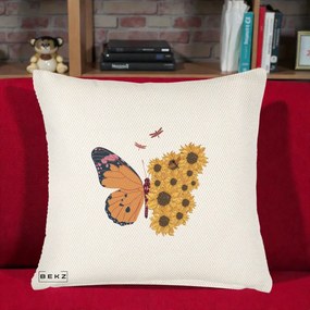 Perna Decorativa Fluture Floarea-Soarelui, 40x40 cm, Crem Reliefat, Husa Detasabila, Perna Inclusa, BEKZ®