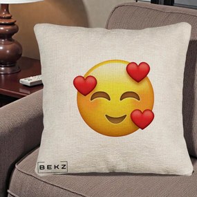 Perna Decorativa Emoji cu 3 Inimi, 40x40 cm, Bej Canapea, Husa Detasabila, Perna Inclusa, BEKZ®