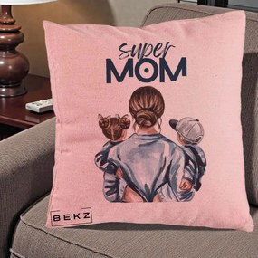 Cadou pentru Mama - Perna Personalizata Super Mom, 40x40 cm, Roz, Husa Detasabila, Perna Inclusa, BEKZ®