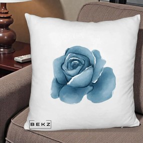 Perna Decorativa Trandafir Albastru Acuarela, 40x40 cm, Alb Pufos, Husa Detasabila, Perna Inclusa, BEKZ®
