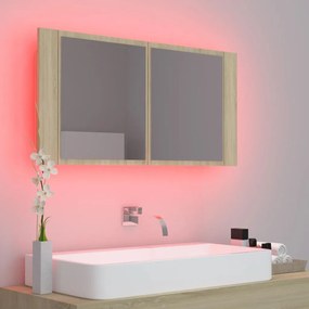 Dulap de baie cu oglinda si LED, stejar Sonoma, 90x12x45 cm Stejar sonoma