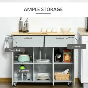 HOMCOM Cărucior Bucătărie Gri, Design Multifuncțional cu 2 Sertare, 3 Uși, 4 Roți, din Lemn și MDF, 121x46x91cm | Aosom Romania