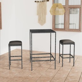 3064818 vidaXL Set mobilier bar de grădină, cu perne, 3 piese, gri, poliratan