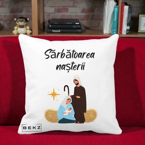 Perna Decorativa Nasterea Domnului Sfanta Familie Sarbatoarea Nasterii, 40x40 cm, Alba Mata, Husa Detasabila, Perna Inclusa, BEKZ®