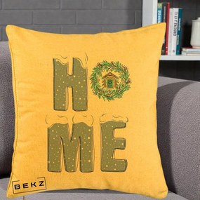 Perna Decorativa HOME Iarna cu Coroana, 40x40 cm, Galben, Husa Detasabila, Perna Inclusa, BEKZ®