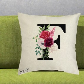 Cadou Personalizat - Perna Personalizata Monograma Florala Litera F, 40x40 cm, Ecru, Husa Detasabila, Perna Inclusa, BEKZ®