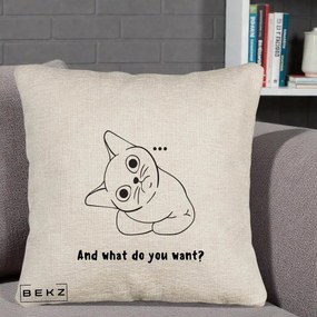 Perna Decorativa And What Do You Want Cat, 40x40 cm, Bej Canapea, Husa Detasabila, Perna Inclusa, BEKZ®