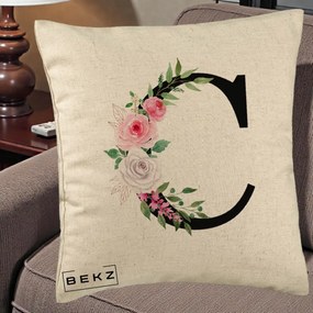 Cadou Personalizat - Perna Personalizata Monograma Florala Litera C, 40x40 cm, Bej, Husa Detasabila, Perna Inclusa, BEKZ®