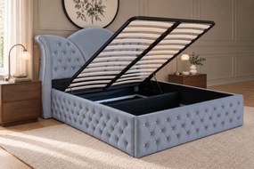 Pat tapițat Chesterfield din catifea Velora Deluxe 180×200 cm, gri deschis, cu ladă de depozitare