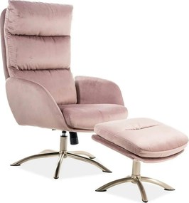 Fotoliu recliner cu taburet MONROE, roz antic/crom, stofa catifelata/m