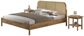 Pat dublu OLIVE, 180 x 200 cm, cu tăblie rotunjită din rattan și aspect lemn de stejar, design modern, fără somieră inclusă, cu noptieră cu două