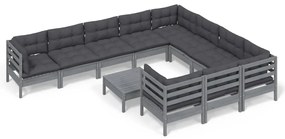 3097003 vidaXL Set mobilier grădină cu perne, 11 piese, gri, lemn de pin