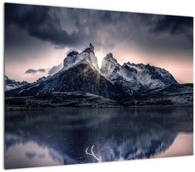 Tablou pe sticlă lacul cu munte (70x50 cm)
