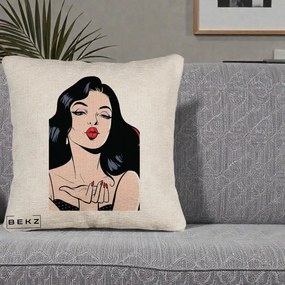 Perna Decorativa Femeie Pop-Art Kiss, 40x40 cm, Bej Canapea, Husa Detasabila, Perna Inclusa, BEKZ®
