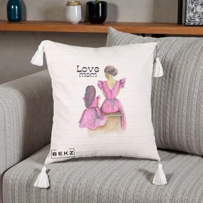 Cadou pentru Mama - Perna Personalizata Love Mom Rochii Roz, 40x40 cm, Bej cu Franjuri, Husa Detasabila, Perna Inclusa, BEKZ®