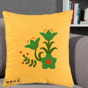 Perna Decorativa Flori Stilizate Folk Turcoaz, 40x40 cm, Galben, Husa Detasabila, Perna Inclusa, BEKZ®