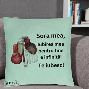 Cadou pentru Sora - Perna Personalizata Sora Mea Te Iubesc Doua Fete Iarna Acuarela, 40x40 cm, Verde Menta, Husa Detasabila, Perna Inclusa, BEKZ®