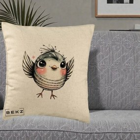 Perna Decorativa Pasare Gri cu Aripi si Inimioare, 40x40 cm, Bej, Husa Detasabila, Perna Inclusa, BEKZ®