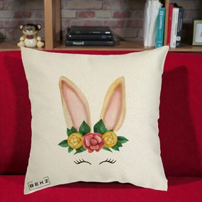 Perna Decorativa Iepuras Flori Urechi Pastelui, 40x40 cm, Ecru, Husa Detasabila, Perna Inclusa, BEKZ®
