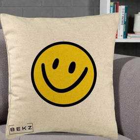 Perna Decorativa Smiley Face Galben Clasic, 40x40 cm, Bej, Husa Detasabila, Perna Inclusa, BEKZ®