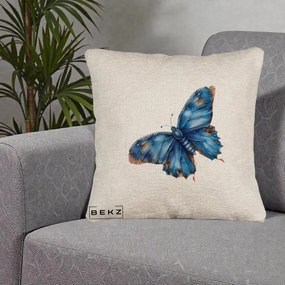Perna Decorativa Fluture Albastru Satin cu Pete Aurii, 40x40 cm, Bej Canapea, Husa Detasabila, Perna Inclusa, BEKZ®