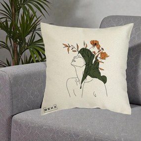 Perna Decorativa Portret Feminin Profil Flori Portocalii, 40x40 cm, Ecru, Husa Detasabila, Perna Inclusa, BEKZ®