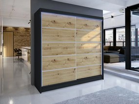 Dulap cu uși glisante Bastian IV (negru + stejar artizanal) (iluminare LED RGB colorată). 1060471