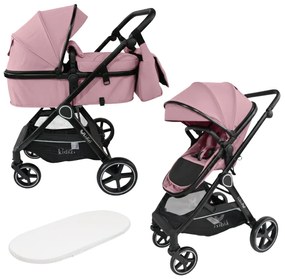 Carucior multifunctional transformabil 2 in 1 Kidizi Moveo roz, include saltea pentru landou si geanta pentru accesorii, cadru negru