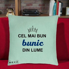 Cadou pentru Bunic - Perna Personalizata Cel Mai Bun Bunic Din Lume Coroana Albastra, 40x40 cm, Verde Menta, Husa Detasabila, Perna Inclusa, BEKZ®