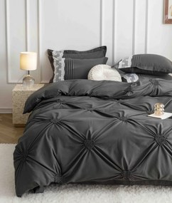 Lenjerie pat dublu, Inimi Brodate, 6 Piese, Finet Premium - Gri Inchis