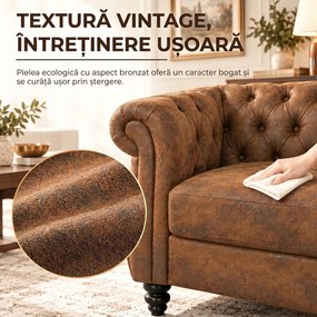 HOMCOM Canapea Chesterfield 3 Locuri din Material Respirabil cu Aspect de Piele, Șezut Lat, Umplutură Groasă, Maro Cafea | Aosom Romania