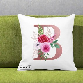 Cadou Personalizat - Perna Personalizata Monograma Rose Gold Litera B, 40x40 cm, Alba Mata, Husa Detasabila, Perna Inclusa, BEKZ®