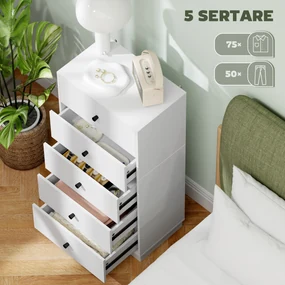 HOMCOM Comodă cu 5 Sertare și Mânere Rotunde pentru Hol, Sufragerie și Camera Copiilor, 47x29x95 cm, Alb | Aosom Romania