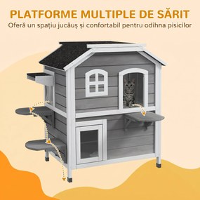 PawHut Casă pentru Pisici pe 2 Niveluri cu Acoperiș Rabatabil, Lemn de Brad, 99,5 x 76 x 91 cm, Gri | Aosom Romania