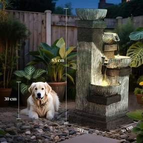 Outsunny Fântână de grădină în cascadă, energie solară, fântână de apă 4 niveluri cu lumini LED, rășină, 38 x 36 x 85 cm, gri | Aosom Romania