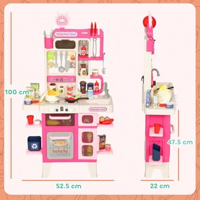 AIYAPLAY Bucătărie de Jucărie pentru Copii 3-6 Ani cu 104 Accesorii, din PP, PE și ABS, 52.5x22x100 cm, Roz | Aosom Romania
