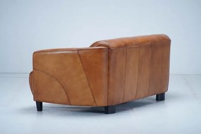 Canapea 2 locuri din piele naturală cognac, cu spătar și șezut cusute în canale și picioare negre, aspect vintage, 68 x 175 x 86 cm, „Pilot”