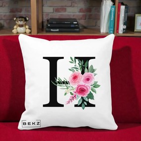Cadou Personalizat - Perna Personalizata Monograma Florala Litera H cu Trandafiri Roz, 40x40 cm, Alba Mata, Husa Detasabila, Perna Inclusa, BEKZ®
