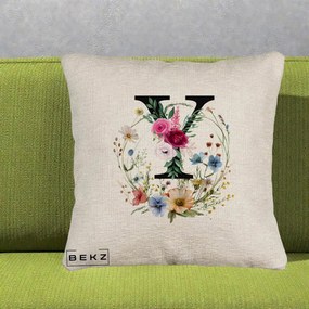 Cadou Personalizat - Perna Personalizata Monograma Florala Litera Y cu Coroana, 40x40 cm, Bej Canapea, Husa Detasabila, Perna Inclusa, BEKZ®